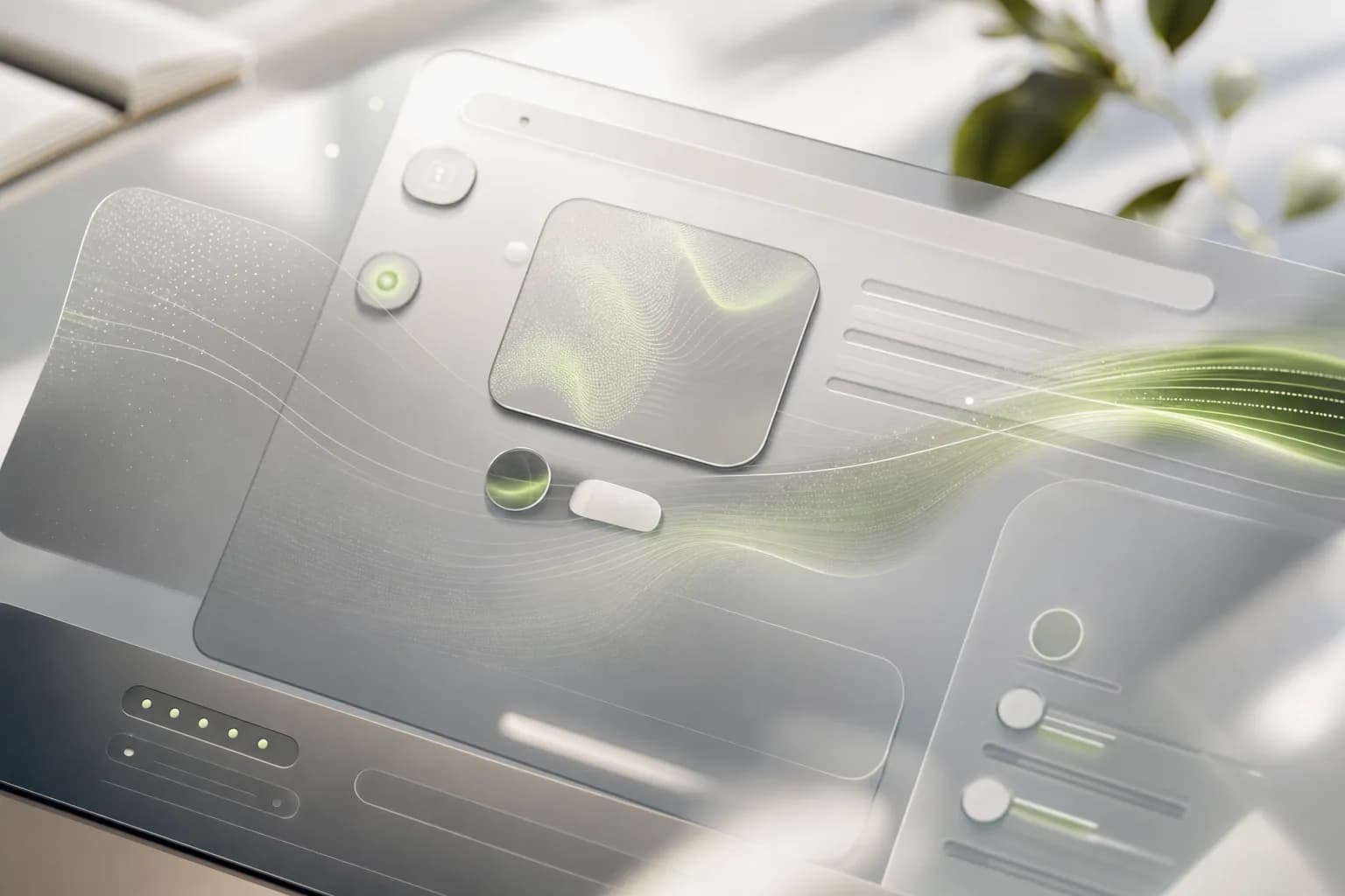 Camadas translúcidas de luz sobre uma interface moderna, a camada generativa