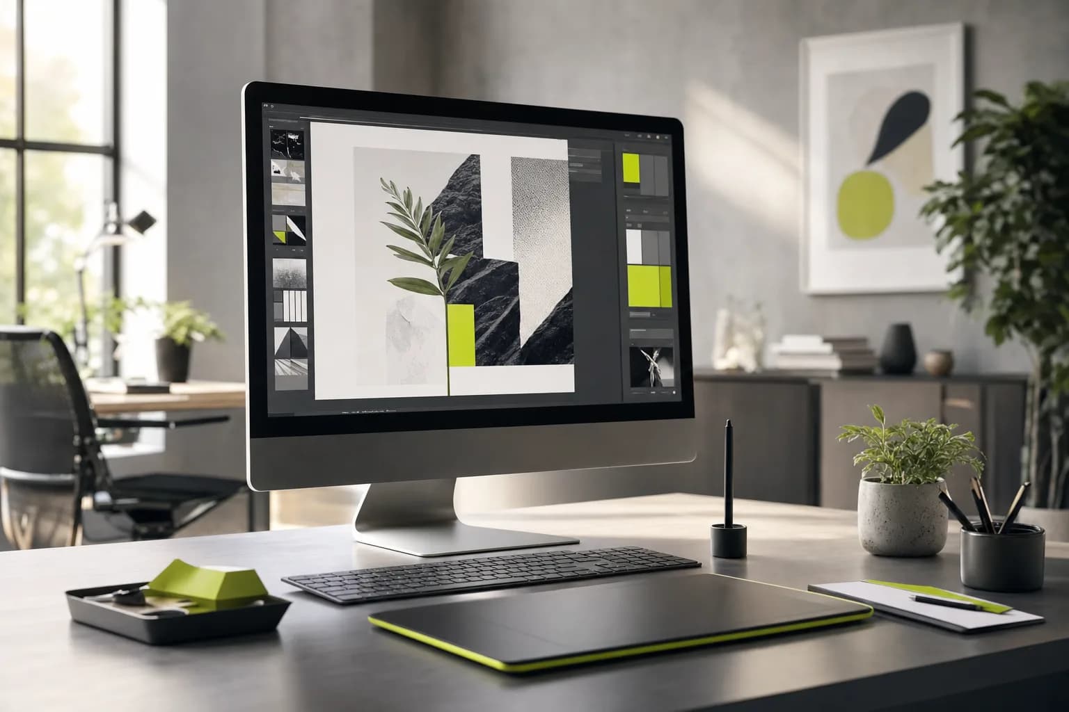 Estúdio criativo de marketing com monitor de edição de imagem e amostras de cor