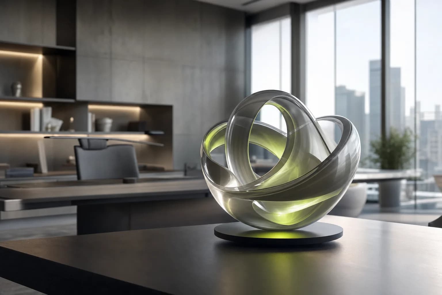 Forma escultural elegante iluminada em escritório moderno e claro, IA corporativa como ativo