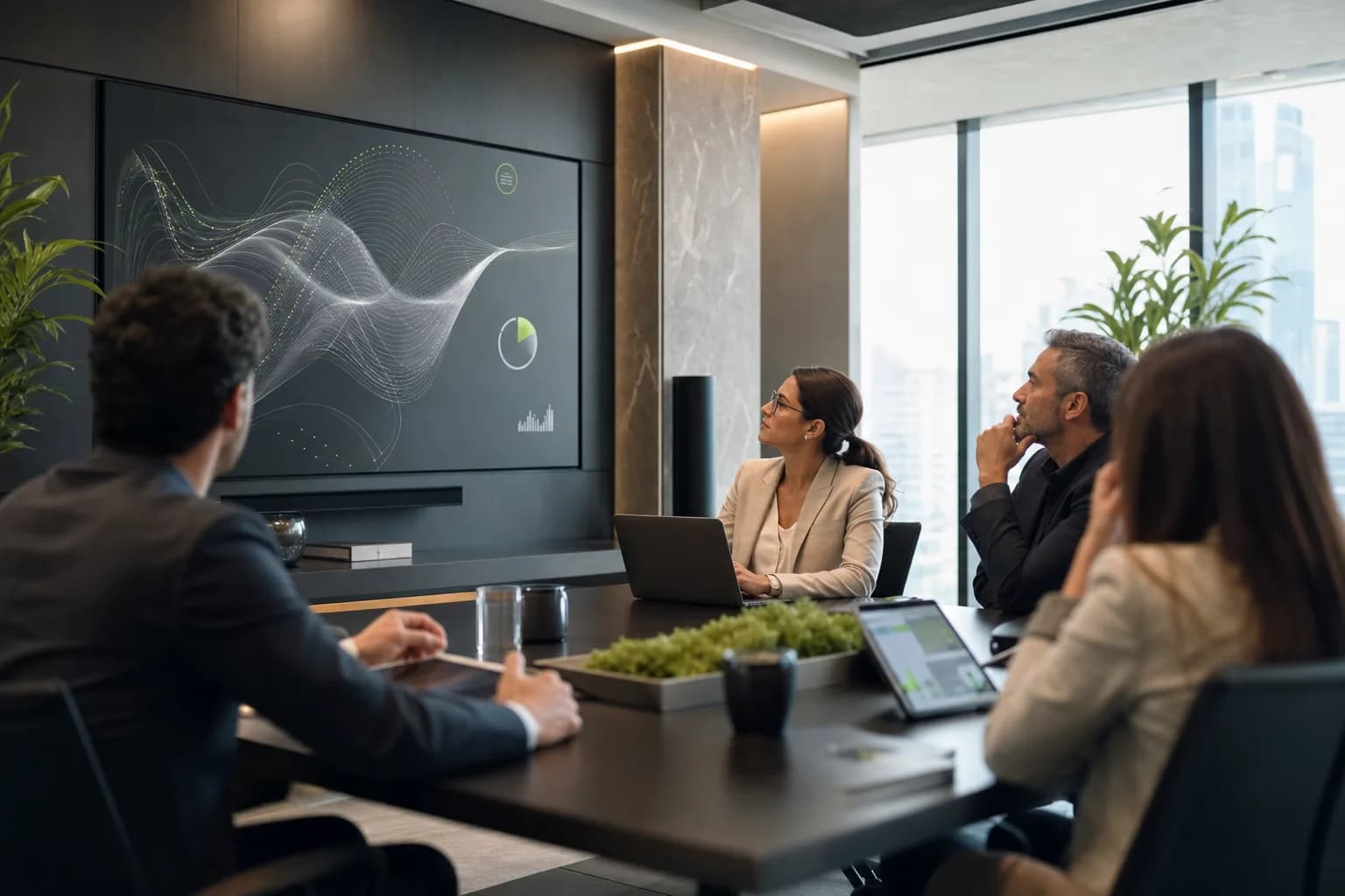 Sala de reunião corporativa moderna e clara com profissionais e uma tela mostrando painel de IA