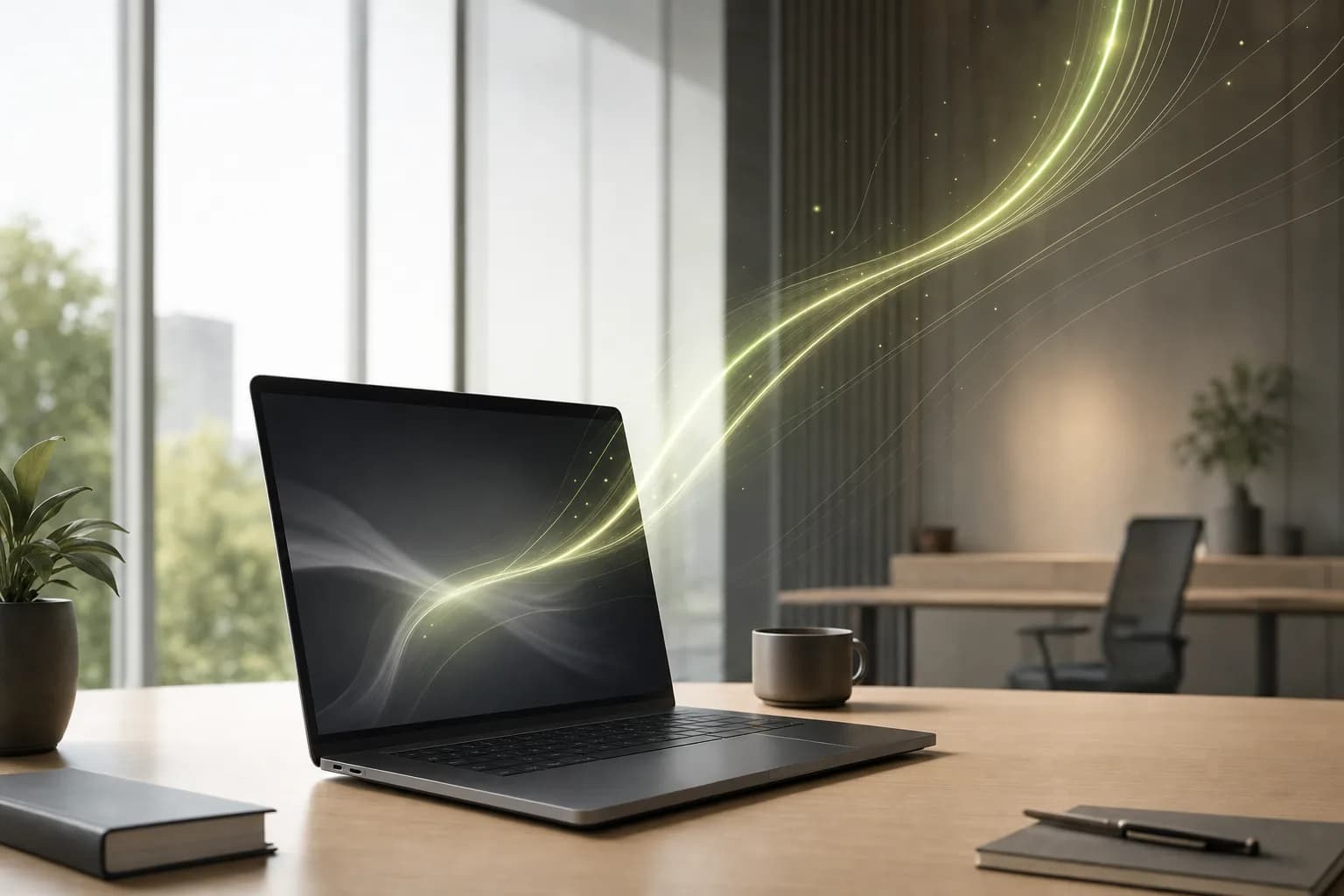 Notebook em mesa clara com linhas de luz subindo da tela, software que vira ativo