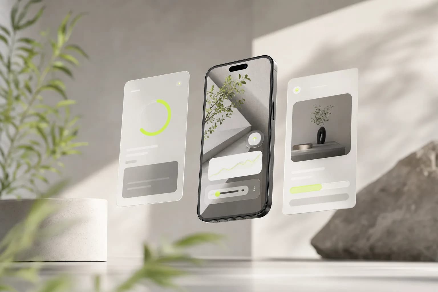 Smartphone e telas de interface limpa em estúdio claro, design de produto digital