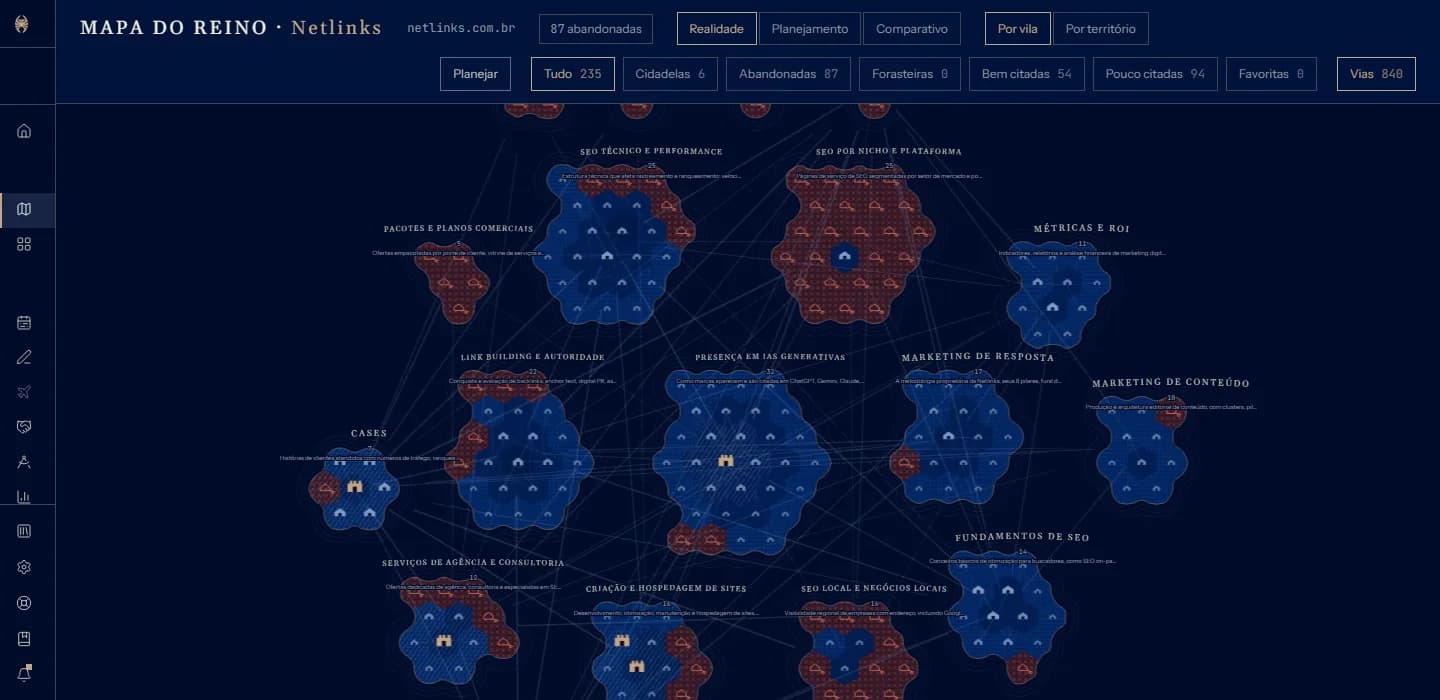 Mapa do Reino do Crownler com os distritos do site netlinks.com.br desenhados como territórios