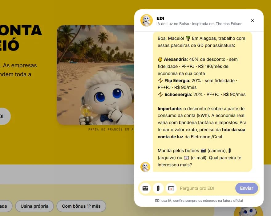 Conversa com o EDI recomendando empresas de energia por assinatura em Maceió com a economia estimada