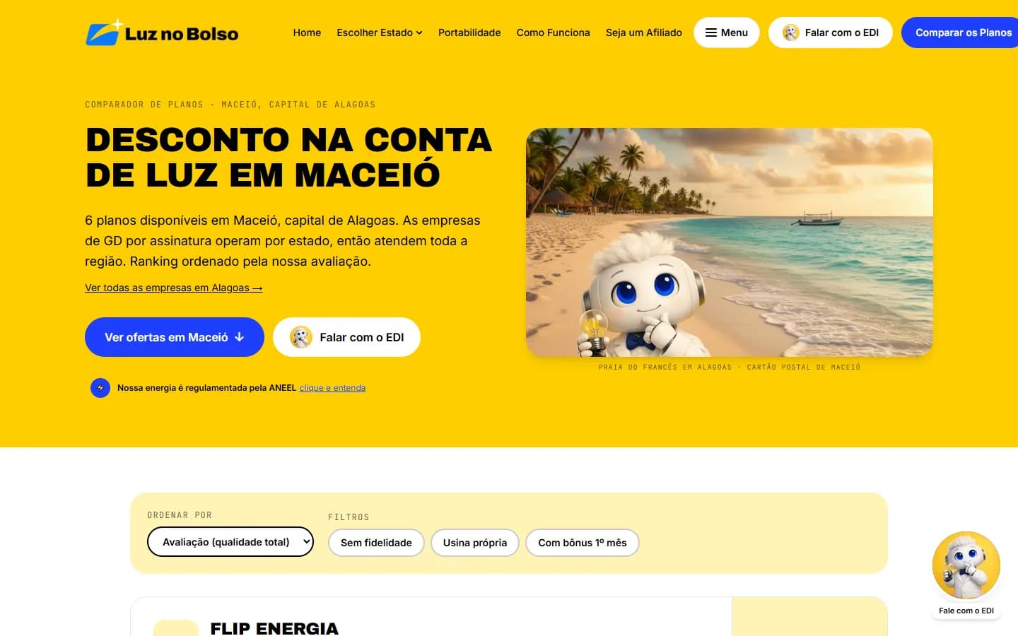 Página Desconto na conta de luz em Maceió com botão para ver ofertas e falar com o EDI