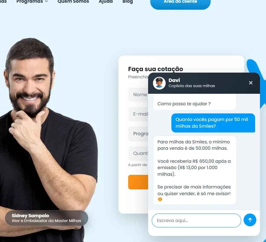 Chat do Davi aberto no site respondendo quanto vale 50 mil milhas Smiles