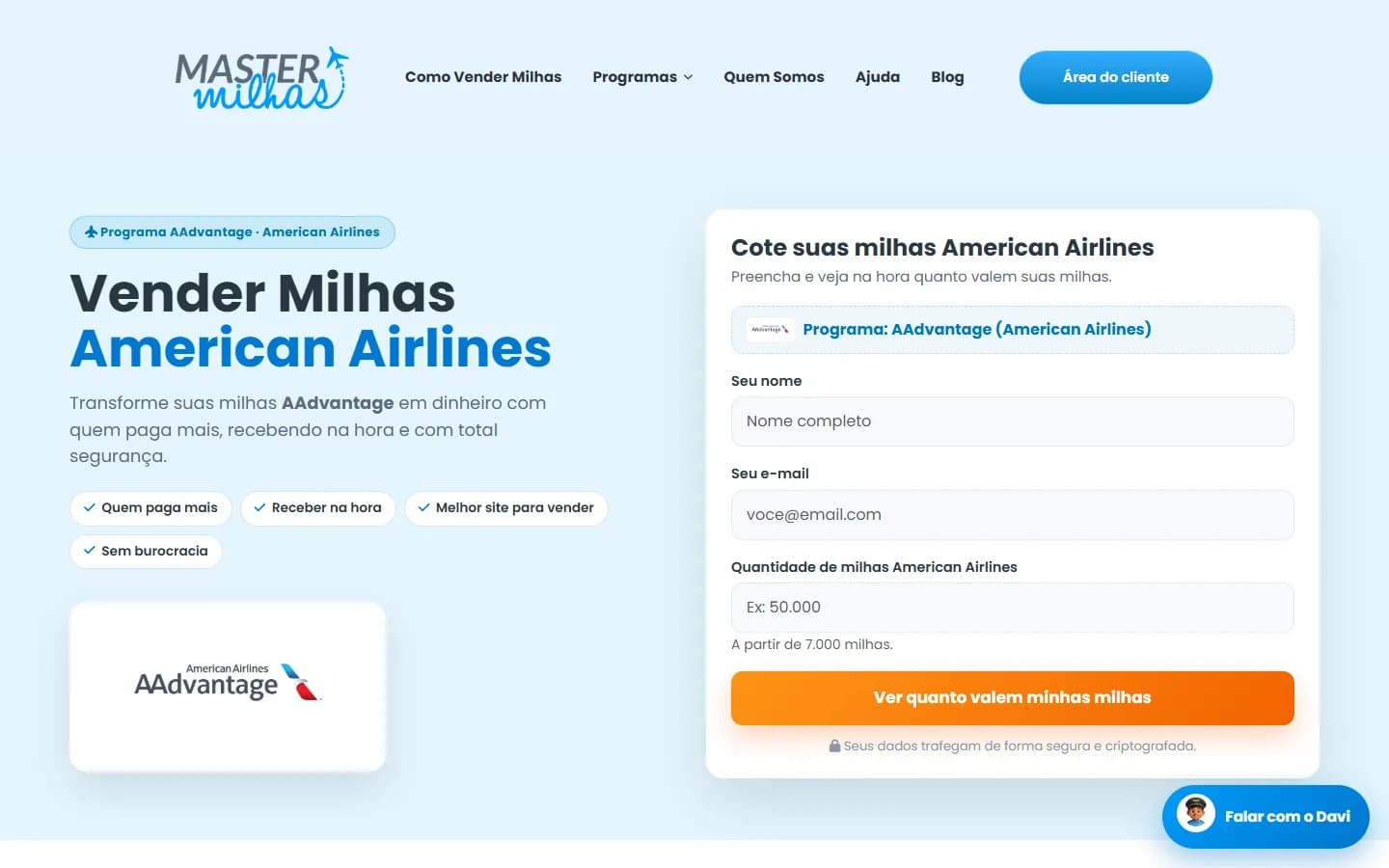 Página Vender Milhas American Airlines com formulário de cotação do programa AAdvantage