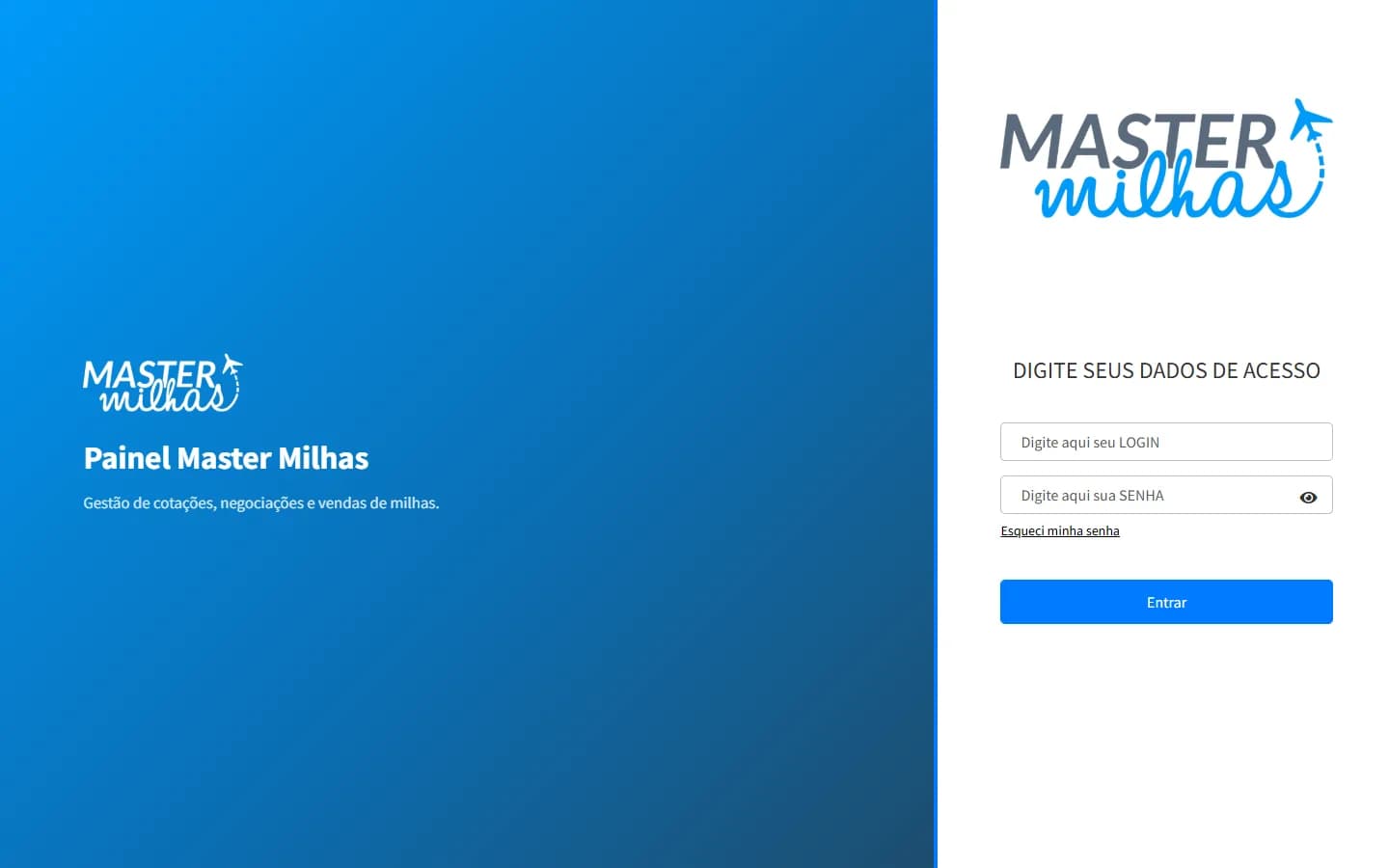 Tela de acesso do Painel Master Milhas, gestão de cotações, negociações e vendas de milhas