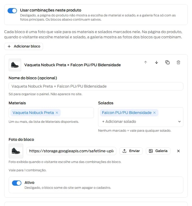 Aba Combinações do painel da Safetline com blocos de foto ligados a material e solado