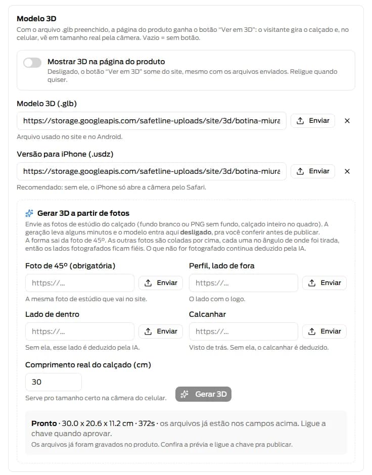 Seção Modelo 3D do painel com campos de fotos, comprimento do calçado, botão Gerar 3D e status Pronto