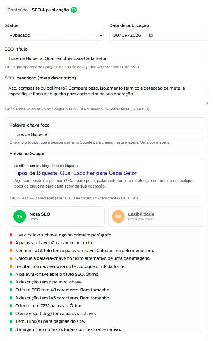 Aba SEO de uma notícia no painel com palavra-chave foco, prévia do Google, nota SEO 74 e legibilidade 63