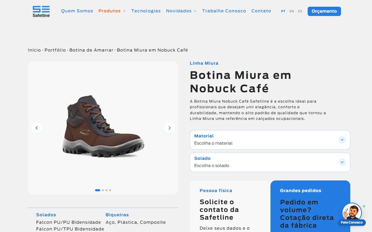 Página da Botina Miura em Nobuck Café com galeria, seletores de material e solado e os dois caminhos de contato
