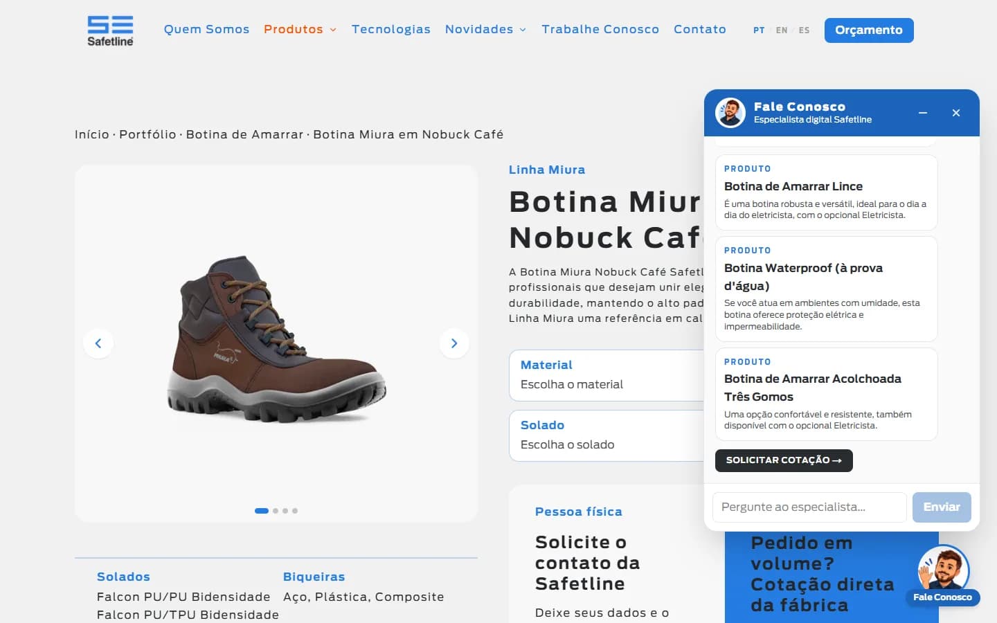 Chat Safy aberto no site da Safetline recomendando três botinas para eletricista com botão Solicitar cotação