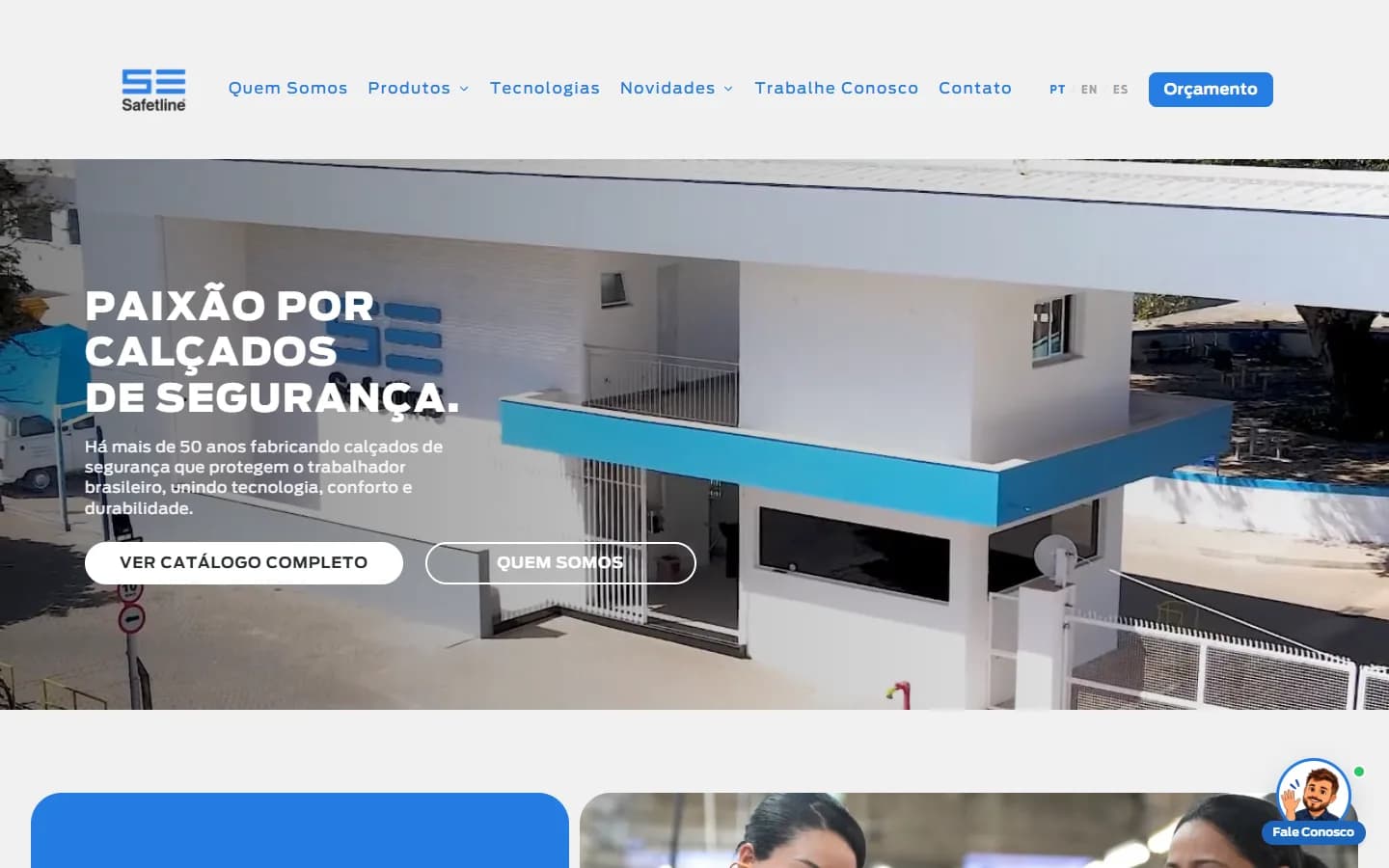 Página inicial do site da Safetline com vídeo da fábrica e a chamada Paixão por calçados de segurança