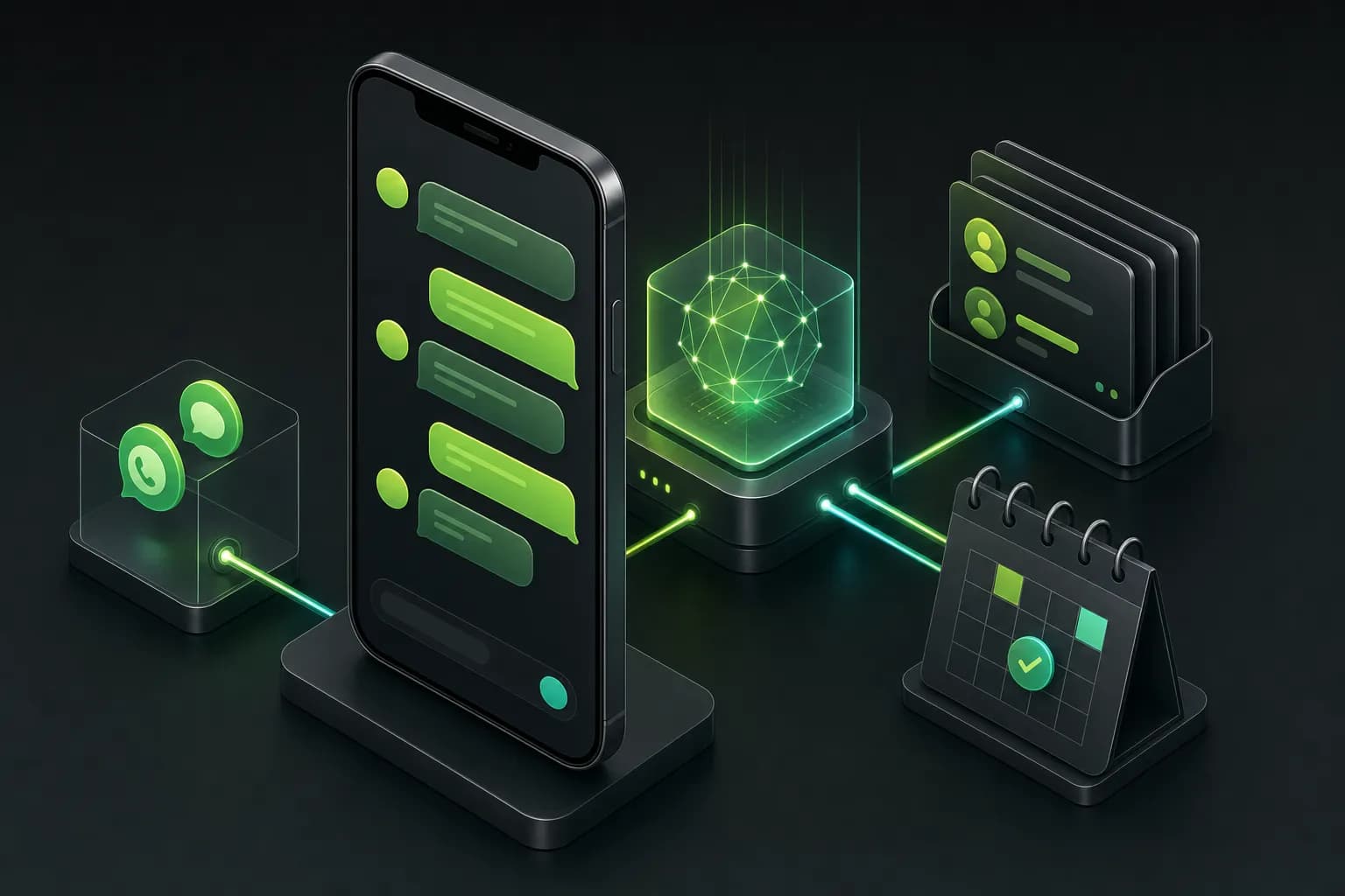 Ilustração isométrica de um celular com conversa em balões verdes ligado a um núcleo de IA, um CRM e um calendário