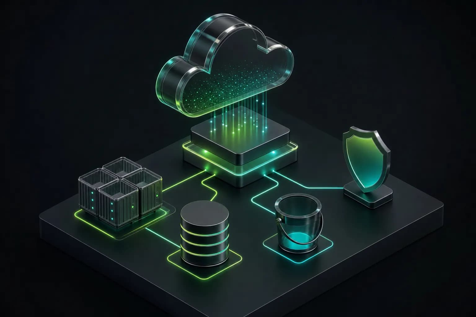 Ilustração isométrica de uma nuvem de vidro sobre uma base com containers, banco de dados, bucket de armazenamento e escudo conectados