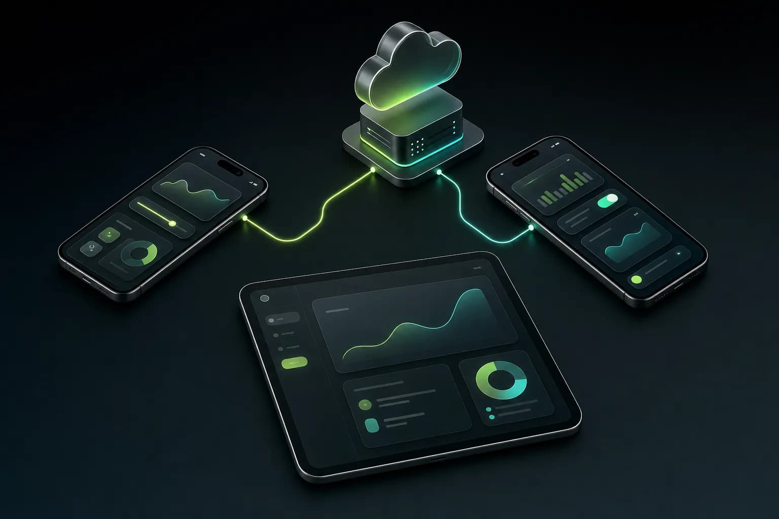 Ilustração isométrica de dois celulares e um tablet com interfaces de cartões e gráficos ligados a um servidor na nuvem
