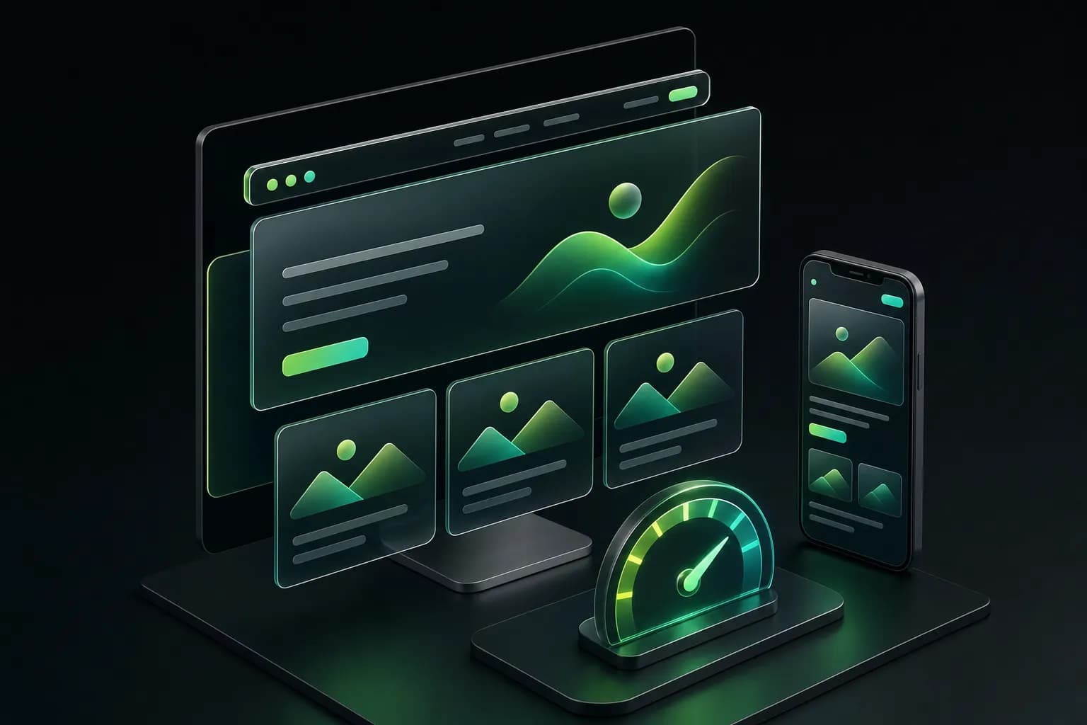 Ilustração isométrica de um site em camadas de vidro ao lado de um monitor e um celular, com um medidor de velocidade