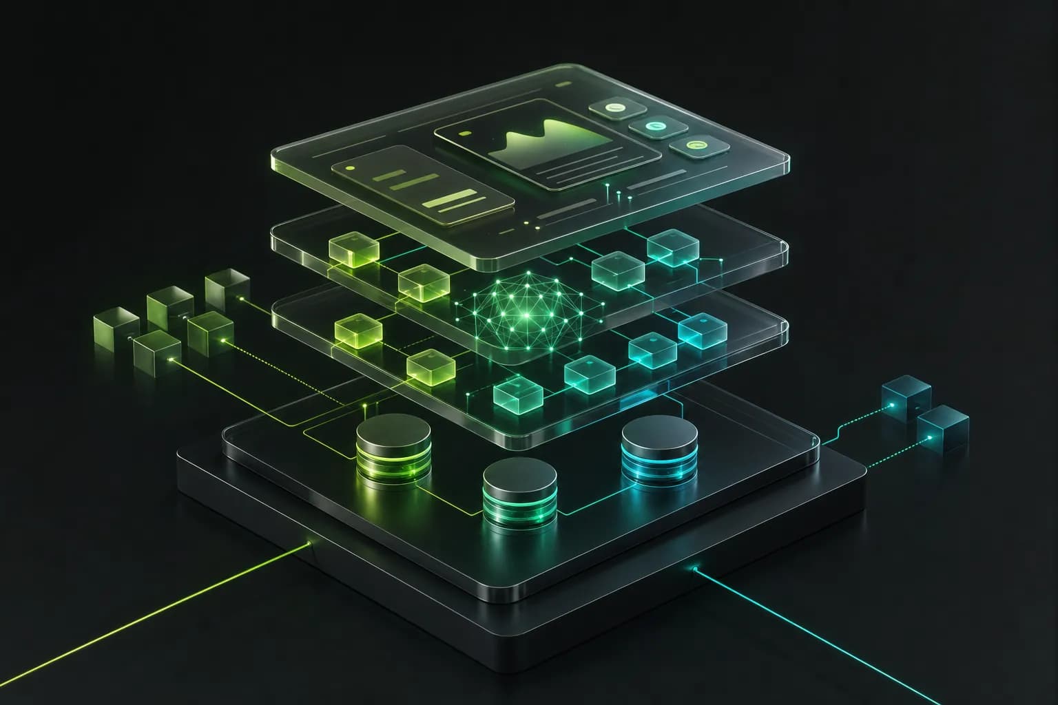 Ilustração isométrica de camadas de software em vidro sobre uma base escura, com módulos e um núcleo de IA brilhando em verde