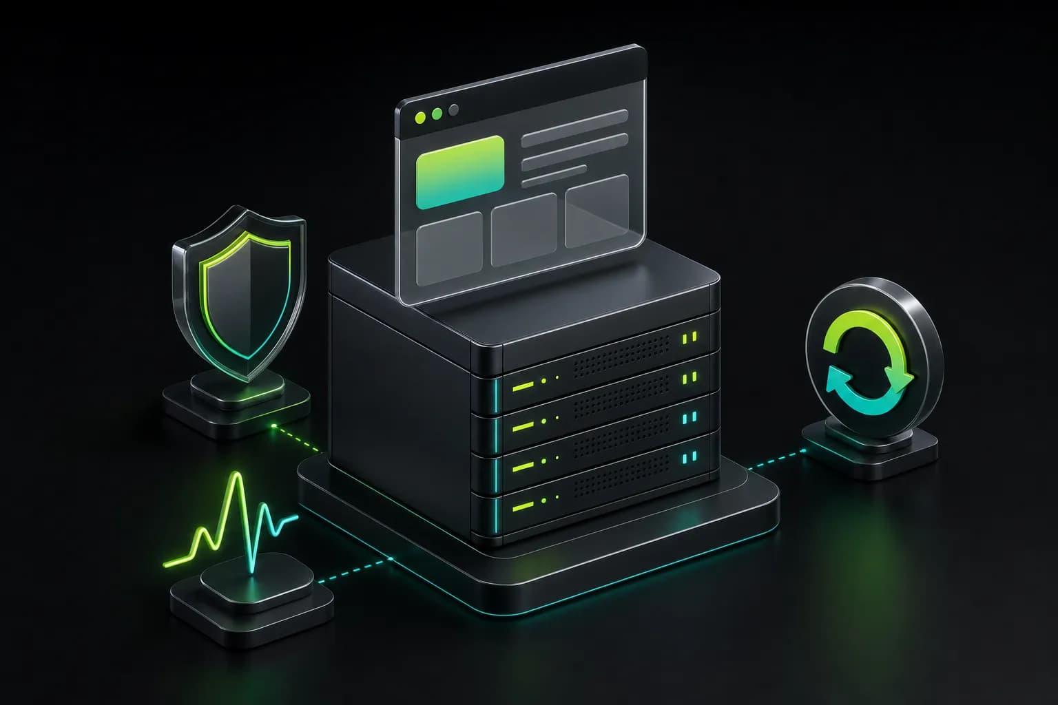 Ilustração isométrica de um rack de servidor escuro com luzes verdes, uma janela de site, um escudo e uma seta circular de backup