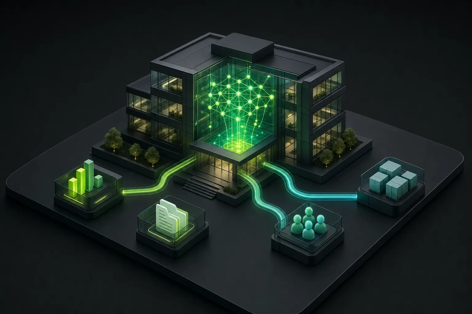 Ilustração isométrica de um prédio corporativo com um núcleo de rede neural no átrio e fluxos de luz para cada departamento