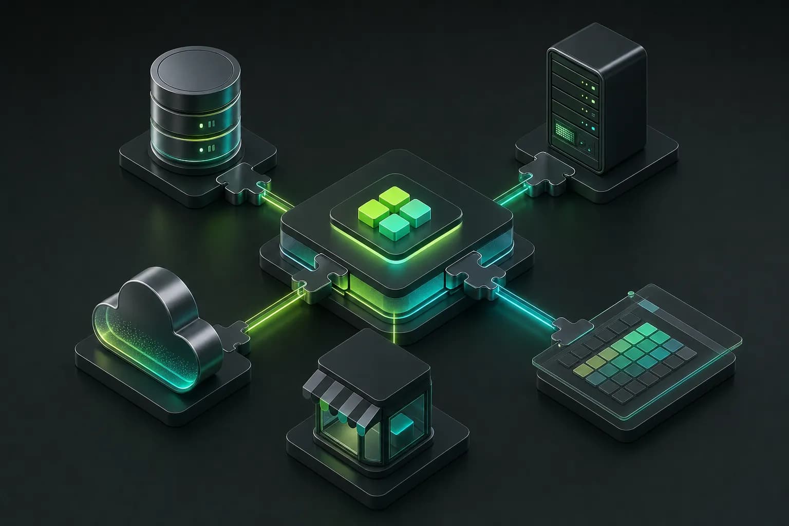Ilustração isométrica de blocos de sistemas, banco de dados, nuvem, loja e planilha conectados a um hub central por cabos de luz