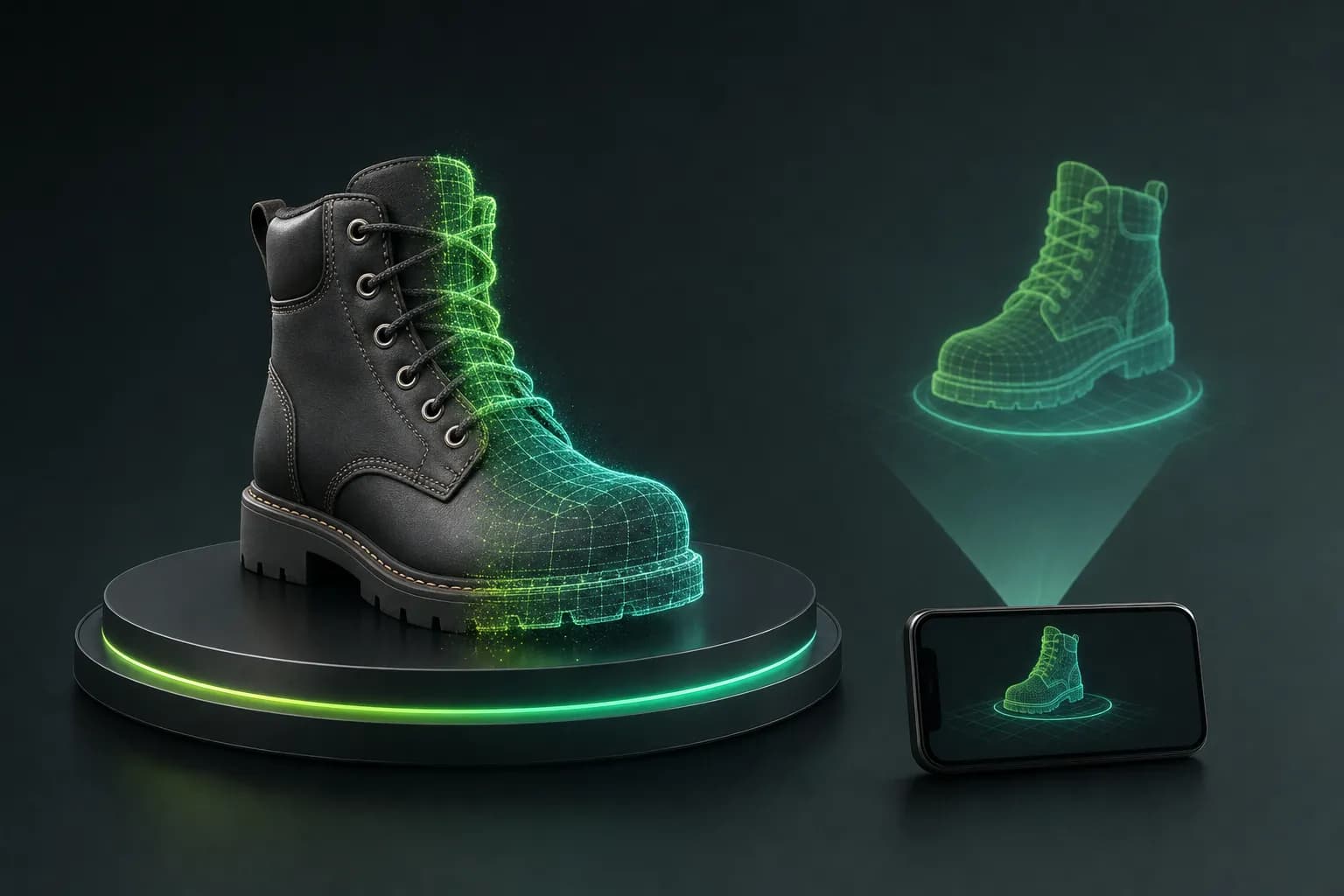 Ilustração de uma bota de couro sobre uma base giratória, metade em foto e metade em malha 3D de luz, com um celular projetando a bota em realidade aumentada