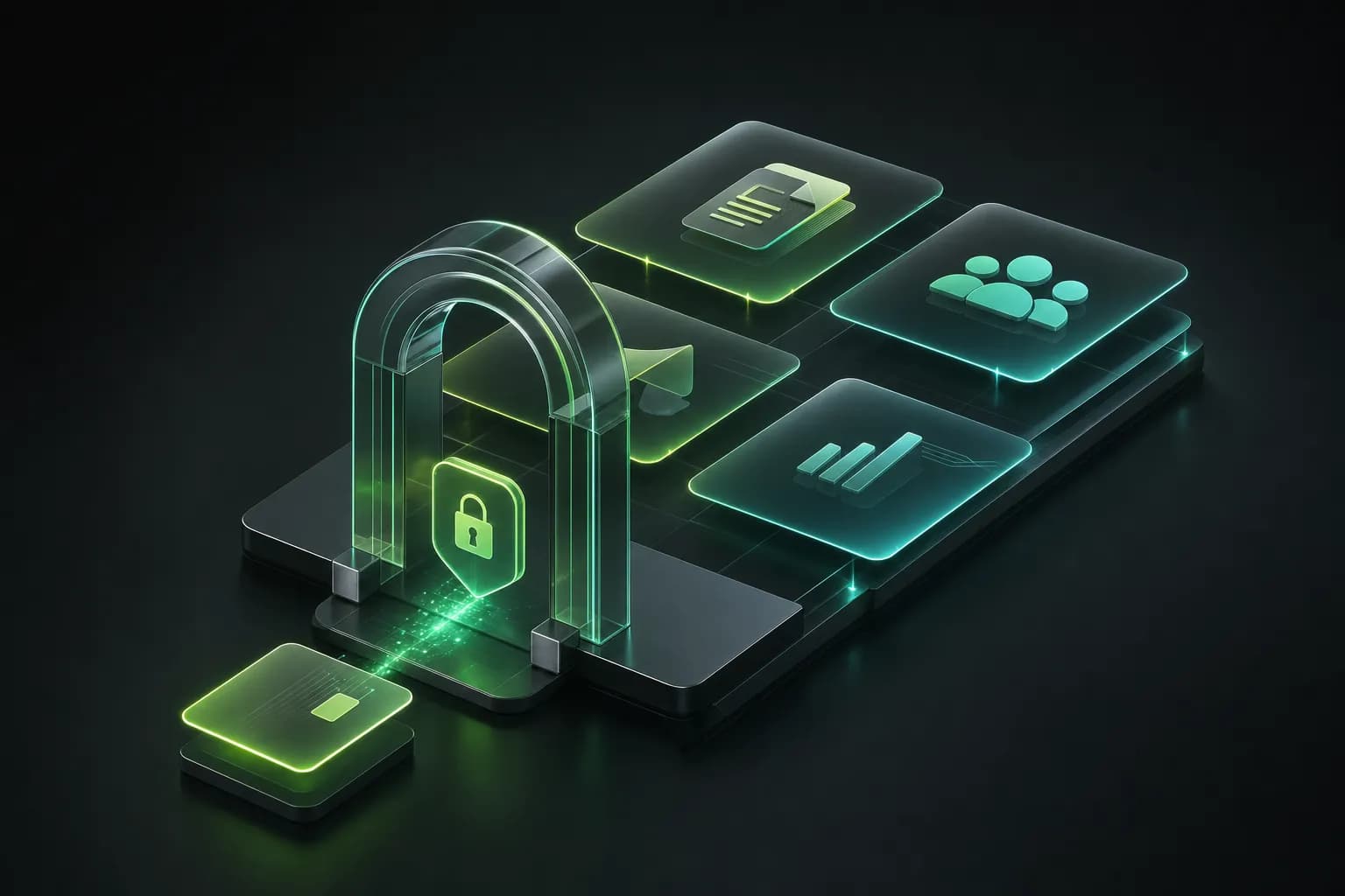Ilustração isométrica de um portal em arco de vidro com cadeado levando a blocos de documentos, equipe, avisos e indicadores