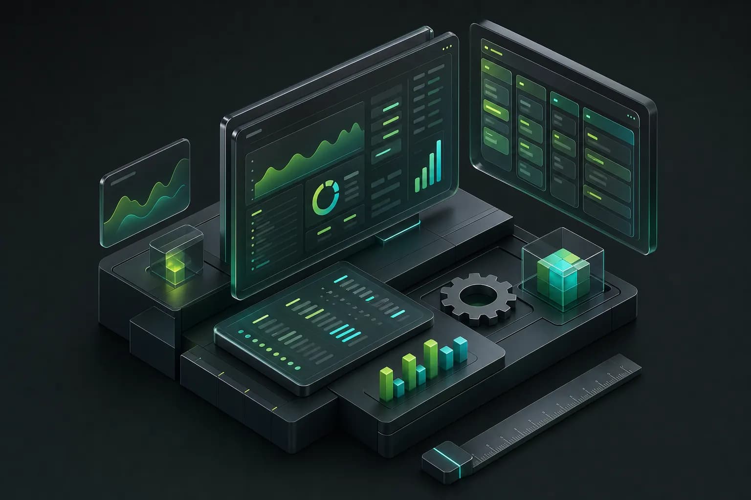 Ilustração isométrica de uma mesa de controle com painéis de vidro, gráficos e quadros modulares em verde