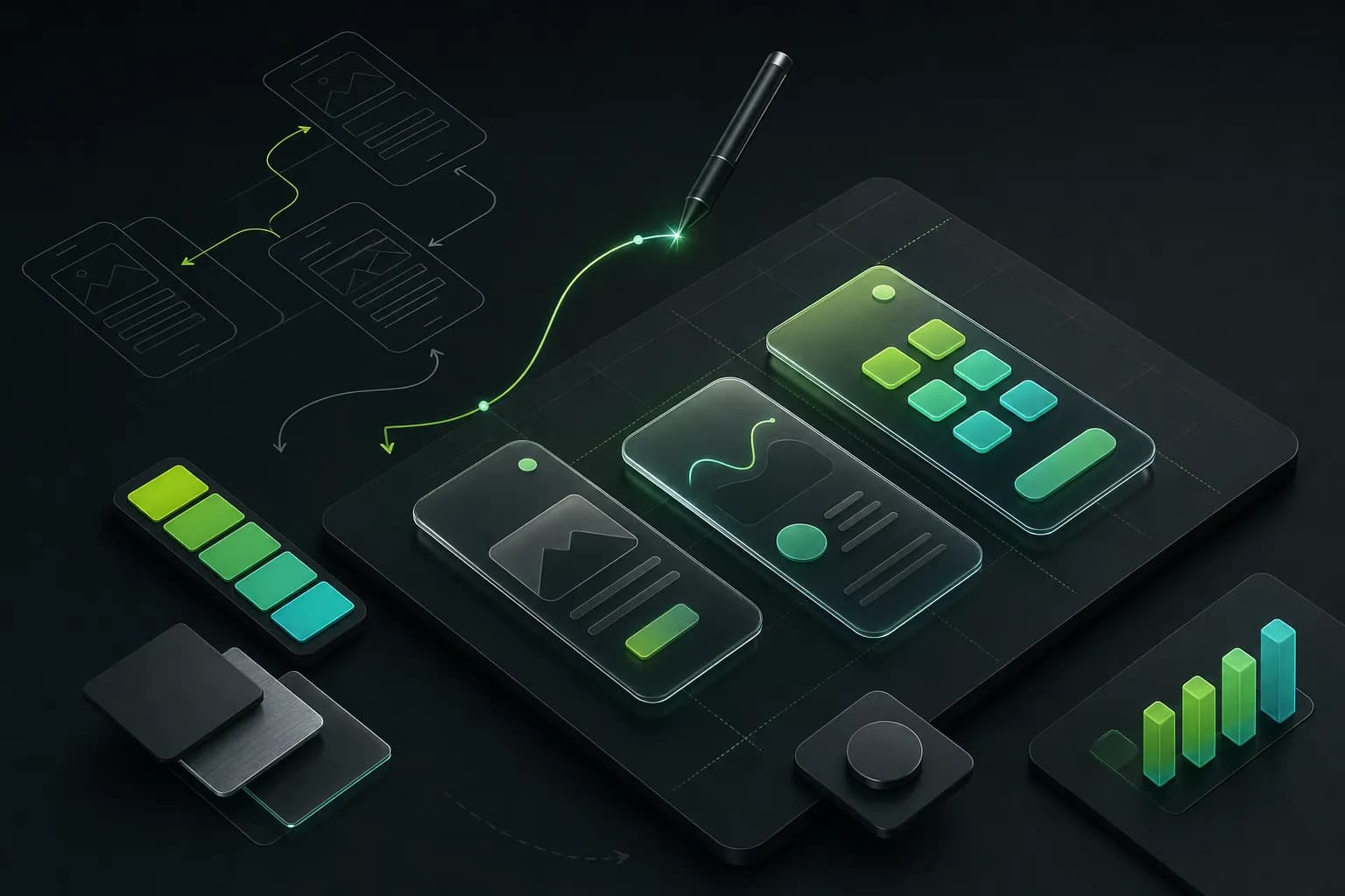 Ilustração isométrica de wireframes evoluindo para telas de vidro, com caneta de luz desenhando uma curva e amostras de cor