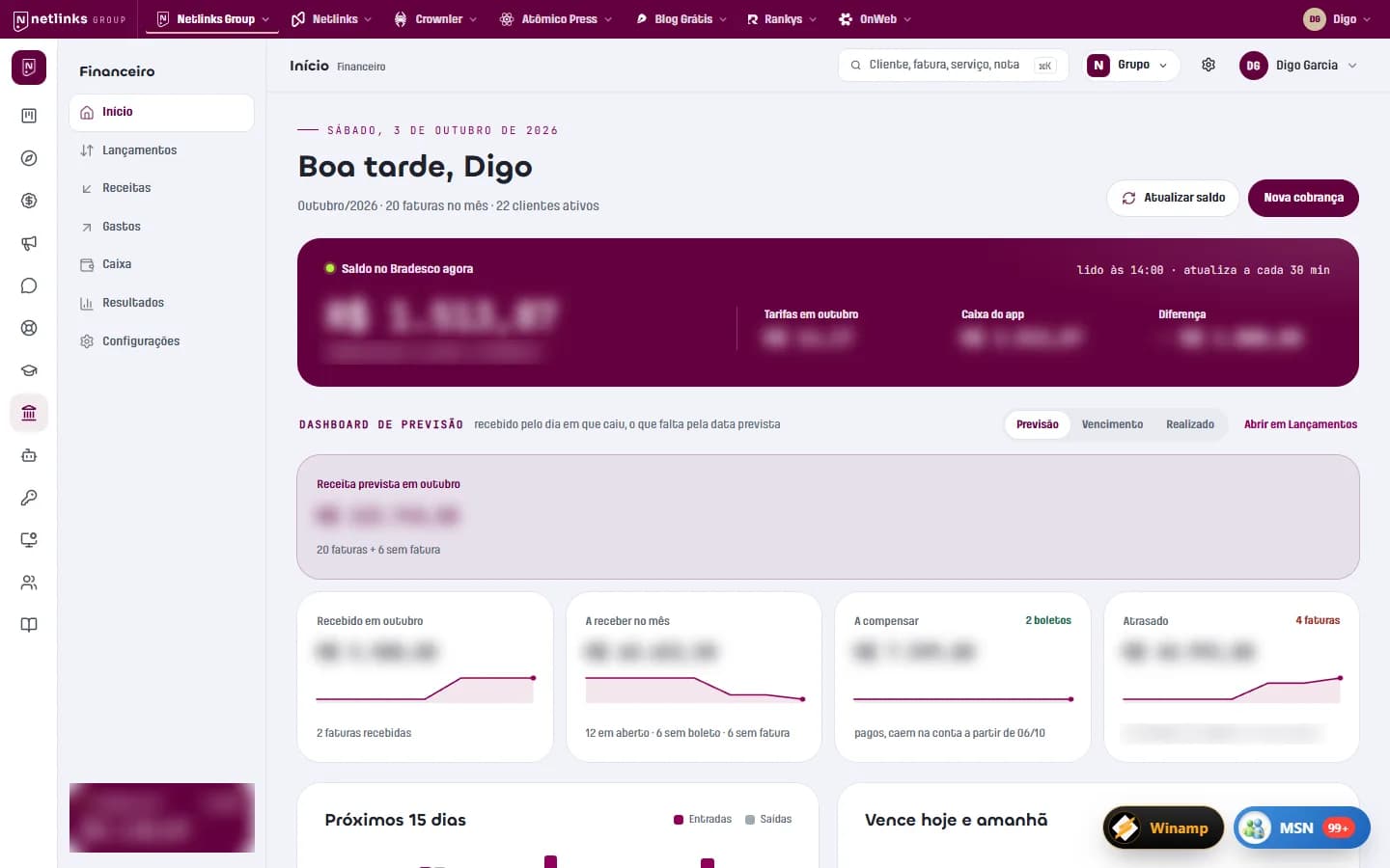 Início do financeiro com saldo no Bradesco lido às 14h e dashboard de previsão, valores borrados