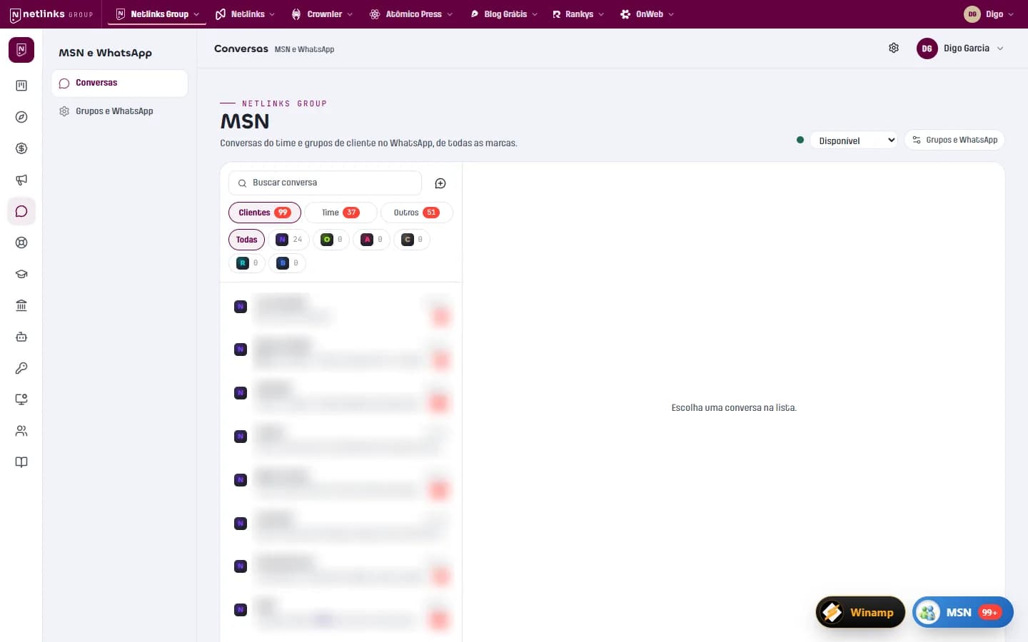 MSN do Netlinks Group com abas Clientes, Time e Outros e a lista de conversas por marca, nomes borrados